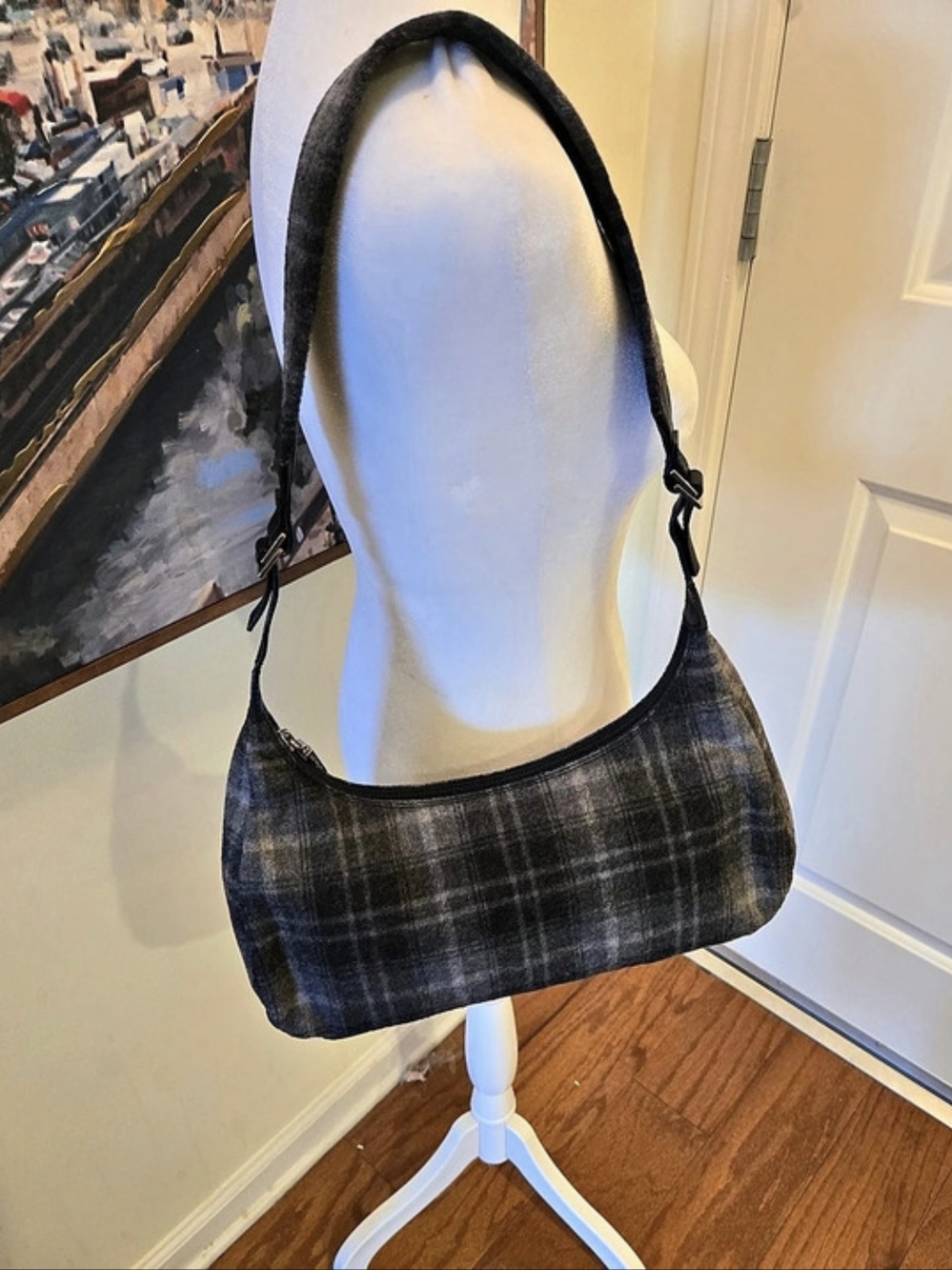 Salvatore Ferragamo Plaid Wool Shoulder Bag in Black & Gray